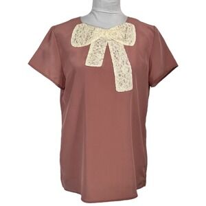 Twiggy London Pink Lace Bow Neck Blouse Top Size Small Pearl Button Back 60s 70s